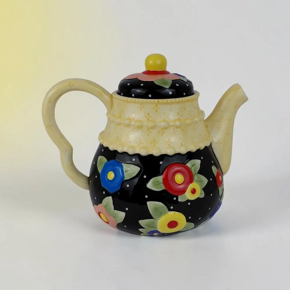 Mary Engelbreit Yellow Black Teapot Red Blue Flowers  Vintage EUC